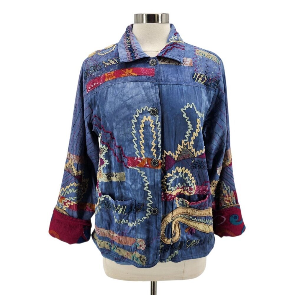 Vintage Norm Thompson Womens Large Jacket Patch Work Embroidered Tie Dye Blue - Picture 4 of 12
